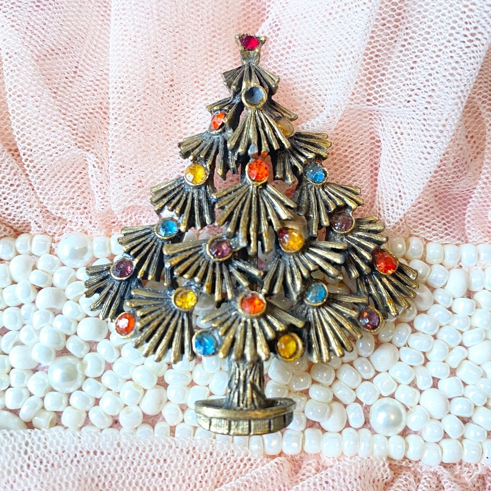 Vintage Christmas Tree Pin Brooch Colorful Rhinestones Holiday MISSING 1 STONE